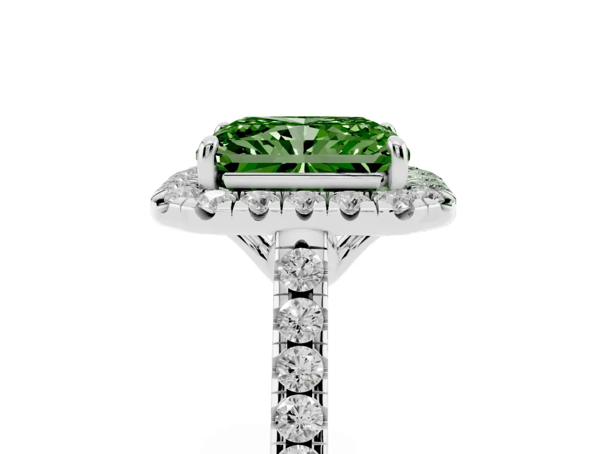 Fancy Green Radiant Cut Halo Pavé Diamond Engagement Ring with Four-Prong Setting Silver