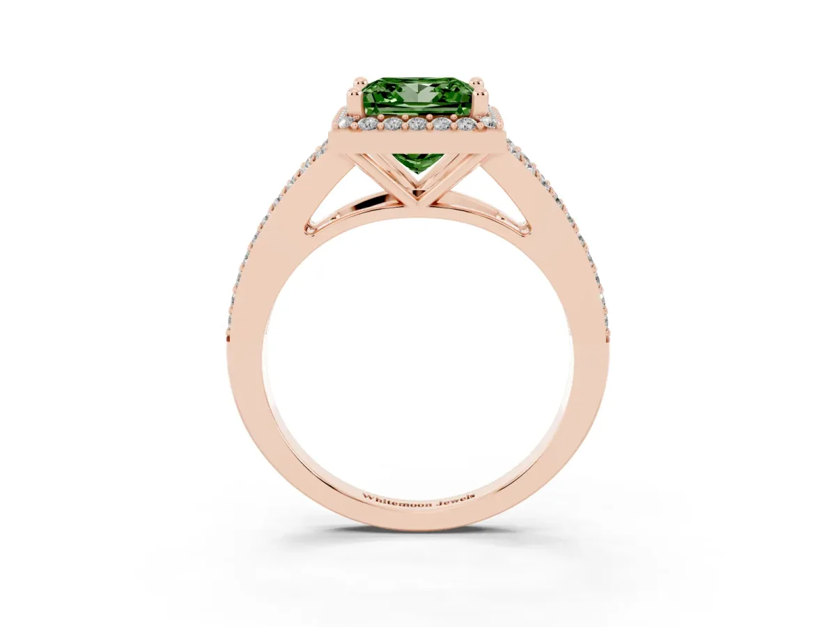 Fancy Green Princess Cut Halo Split Shank Diamond Ring with Prong Setting Rose gold