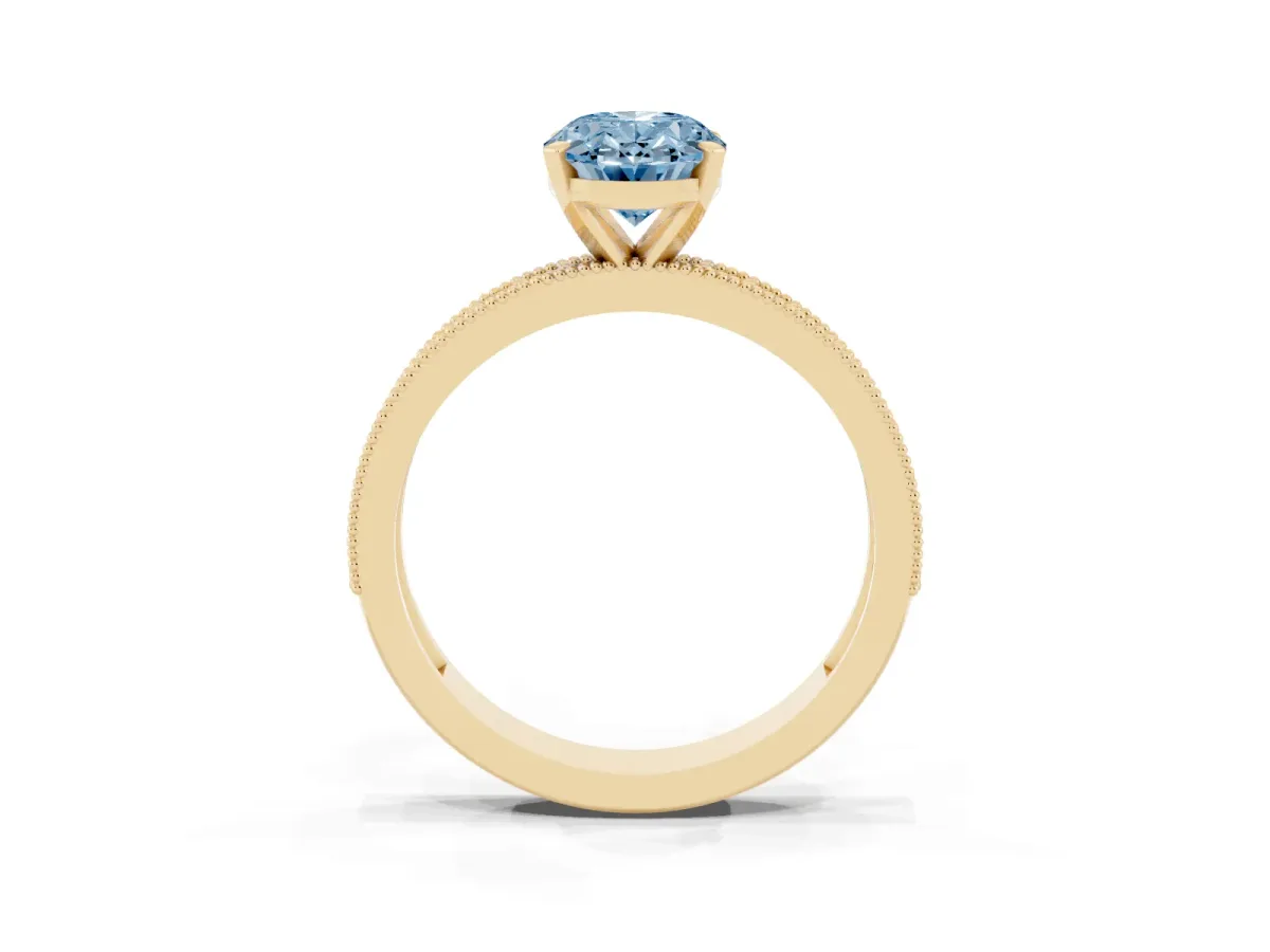 Fancy Blue Oval Cut Diamond Milgrain Pavé Engagement Ring with Four-Prong Setting Yellow gold
