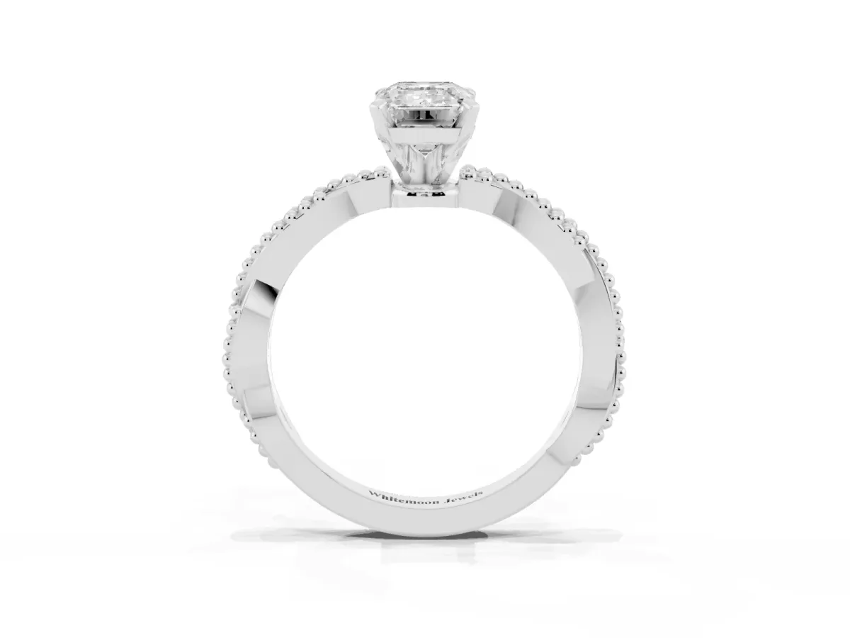 Emerald Cut Solitaire Twisted Band with Bead Prong Setting Silver