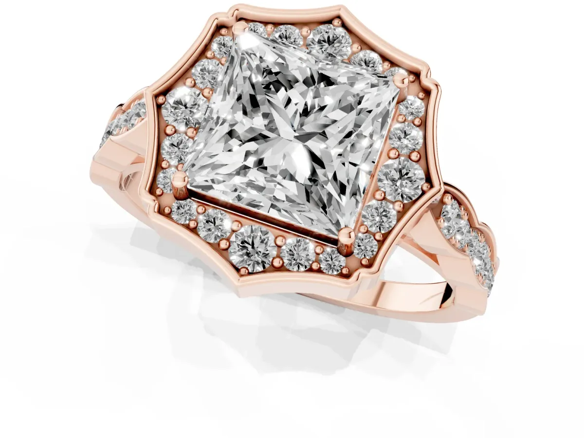 Princess Cut Halo Diamond Engagement Ring with Milgrain Band and Four-Prong Setting Rose gold