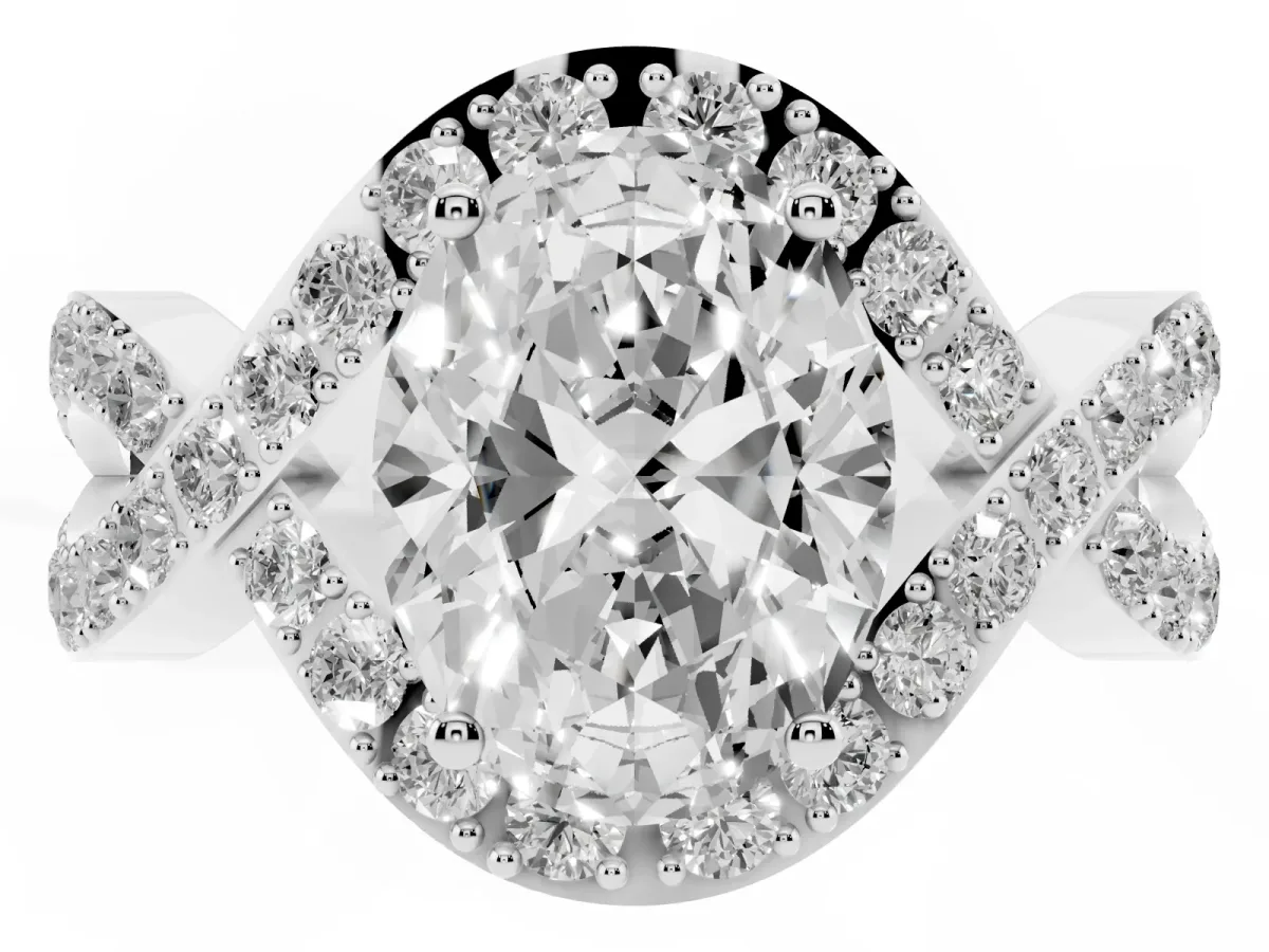 Oval Cut Solitaire Twist Band Pavé Diamond Engagement Ring Silver