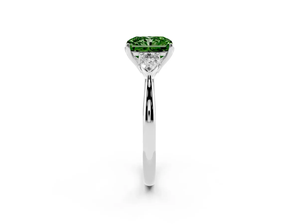 Fancy Green Three-Stone Radiant Cut Brilliant Diamond Solitaire Ring with Tapered Band and Four-Prong Setting Silver