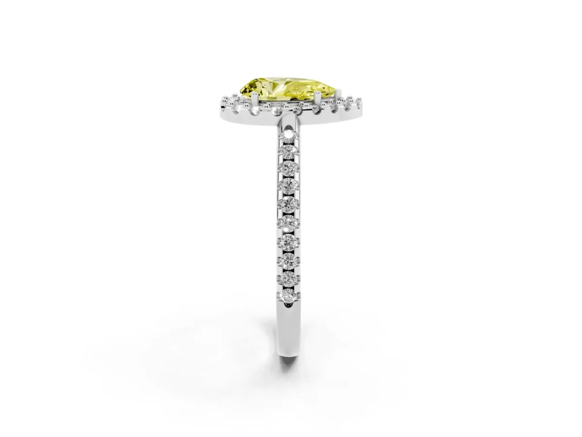 Fancy Yellow Pear Cut Diamond Pavé Halo Ring with Four-Prong Setting Silver