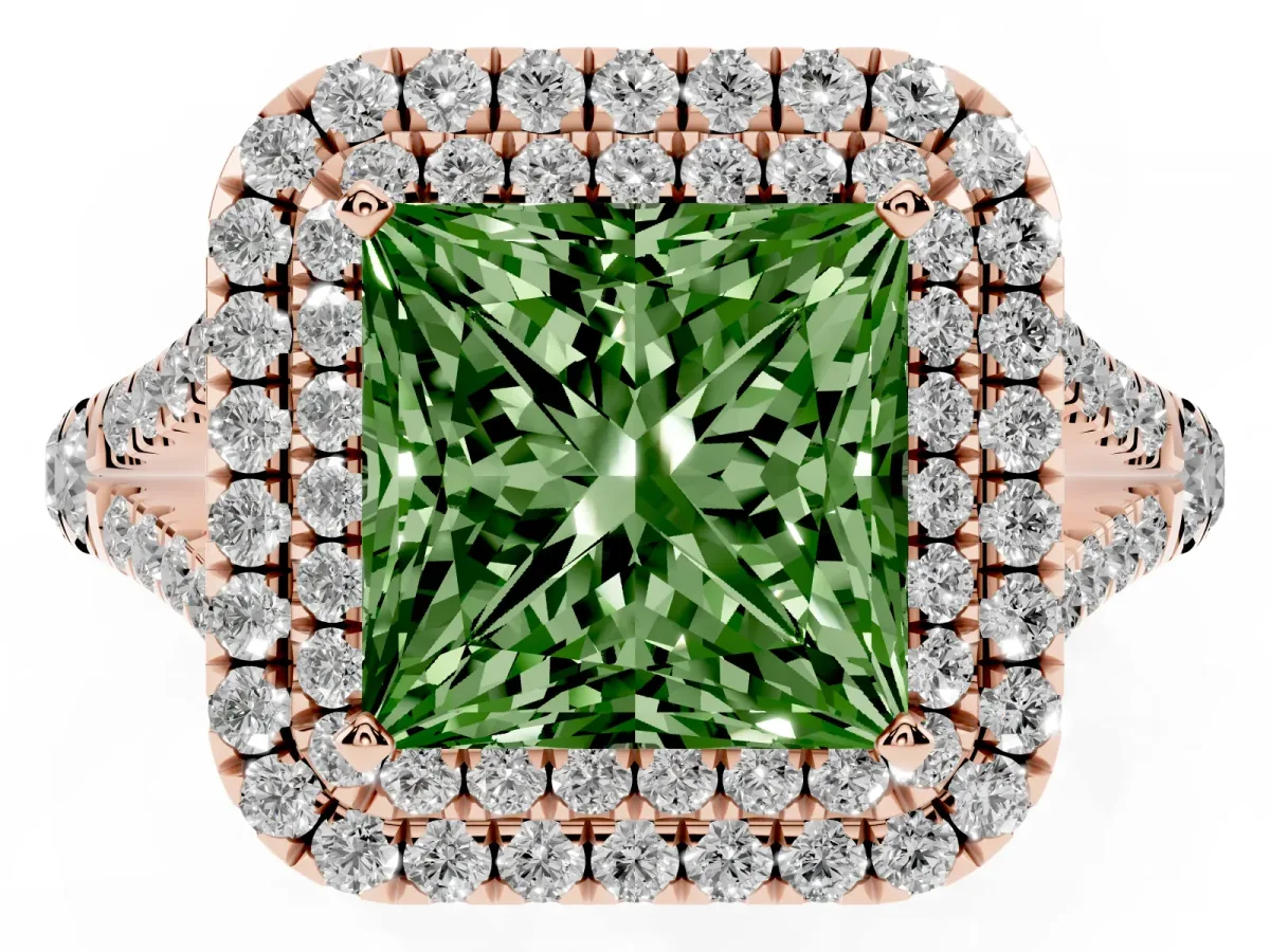 Fancy Green Princess Cut Diamond Pavé Split Shank Double Halo Engagement Ring Rose gold