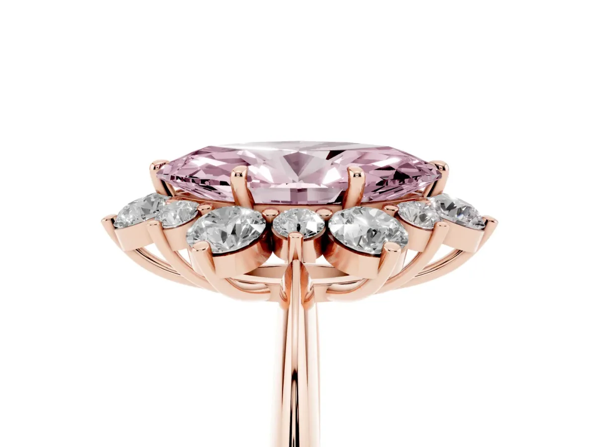 Fancy Pink Marquise Cut Diamond Cluster Halo Ring with Solitaire Band and Four-Prong Setting Rose gold
