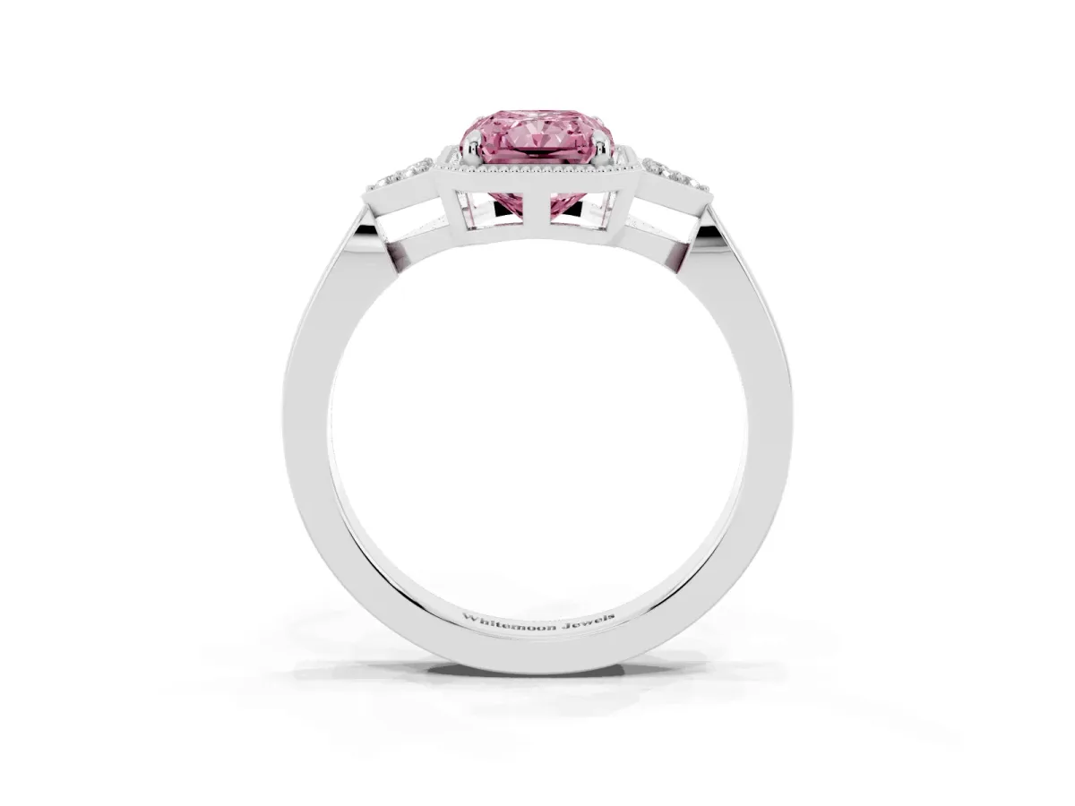 Fancy Pink Radiant Cut Diamond Halo Ring with Tapered Band and Four-Prong Setting White gold