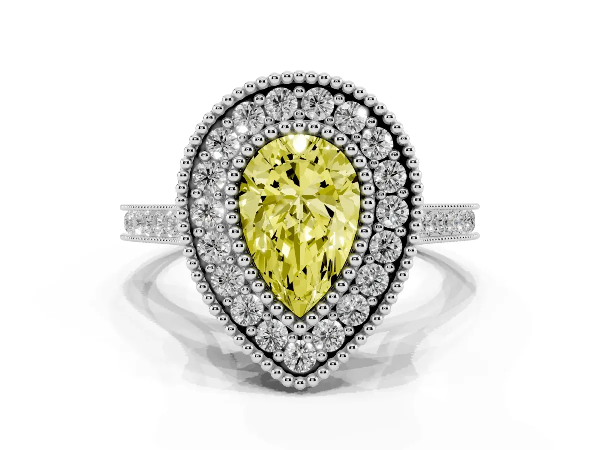 Fancy Yellow Pear Cut Diamond Halo Ring with Milgrain Frame and Pavé Band White gold