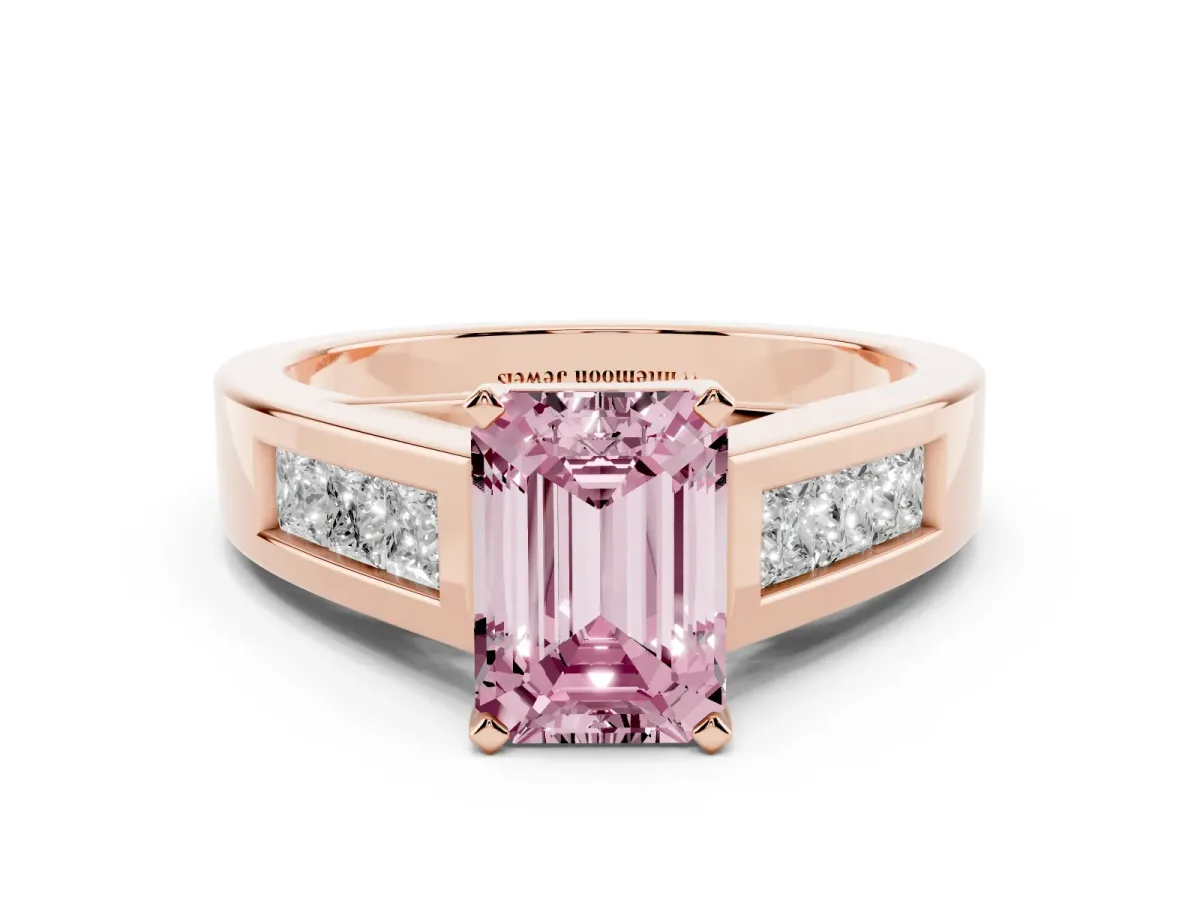 Fancy Pink Emerald Cut Cut Channel Set Solitaire Ring with Four-Prong Setting Rose gold