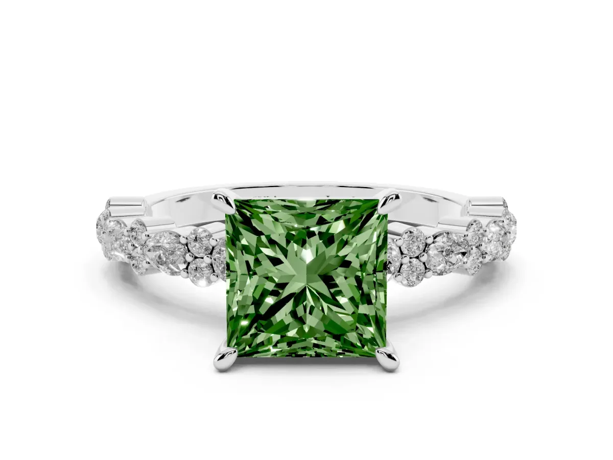 Fancy Green Princess Cut Diamond Side Stone Solitaire Ring with Round and Four-Prong Setting Silver