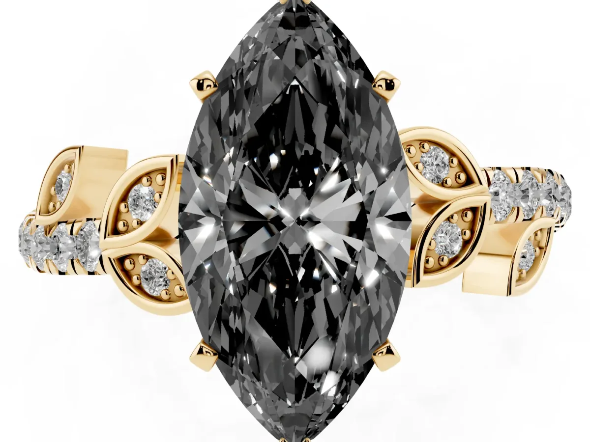 Fancy Black Marquise Cut Solitaire Leaf-Inspired Diamond Ring with Pavé Band and Four-Prong Setting Yellow gold