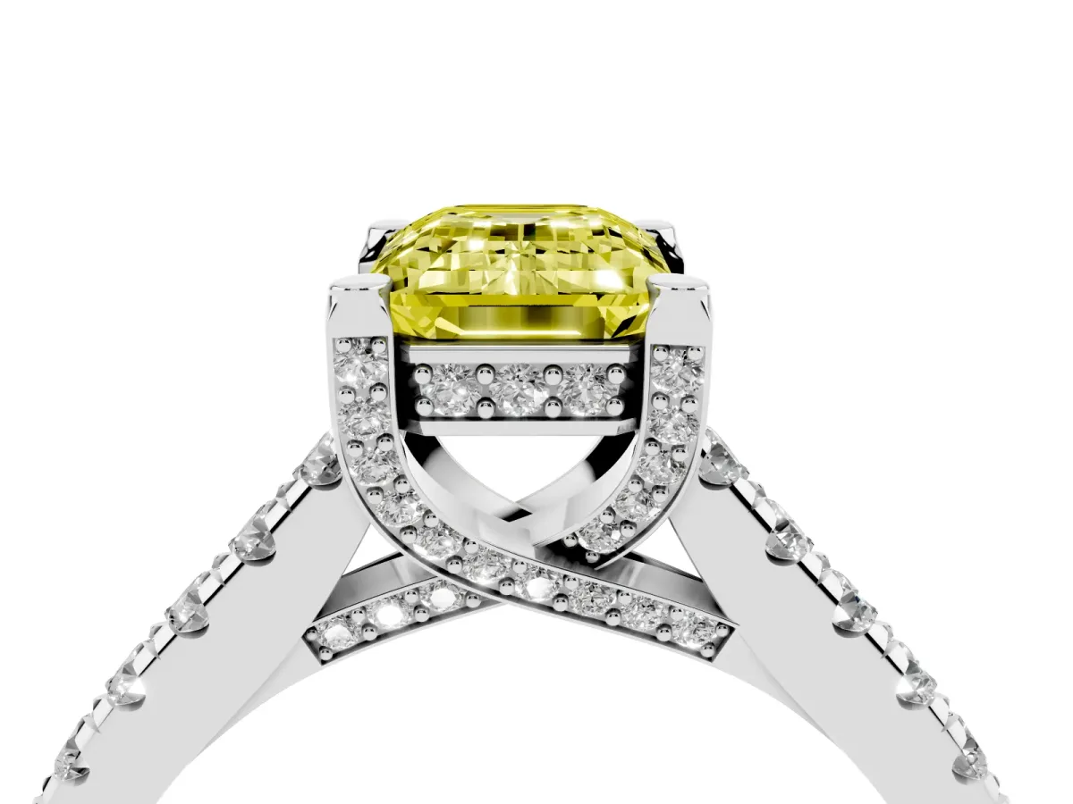 Fancy Yellow Emerald Cut Brilliant Diamond Solitaire with Pavé Band and Four-Prong Setting Platinum