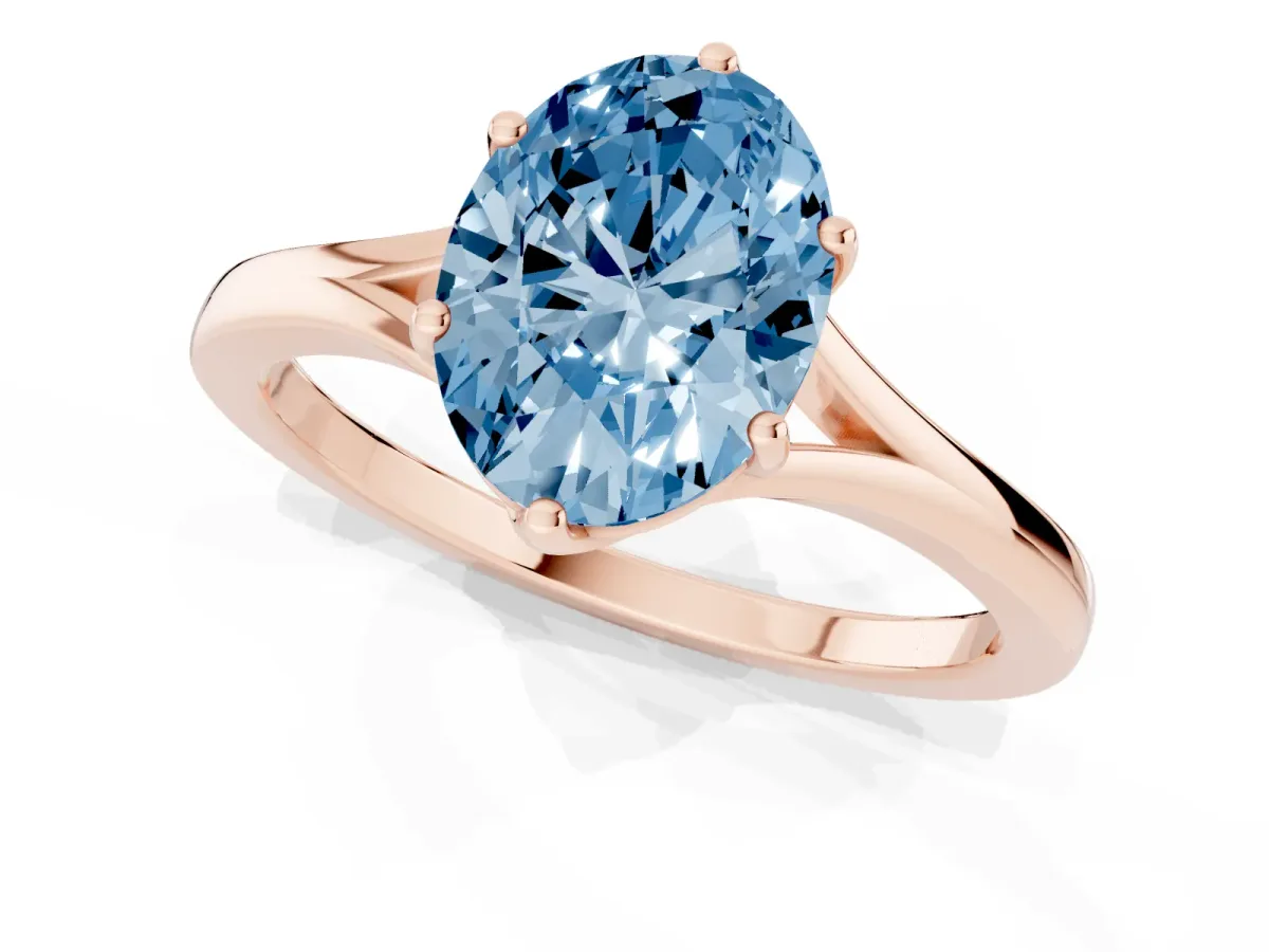 Fancy Blue Oval Cut Solitaire Diamond Ring with Six-Prong Setting and Tapered Band Rose gold