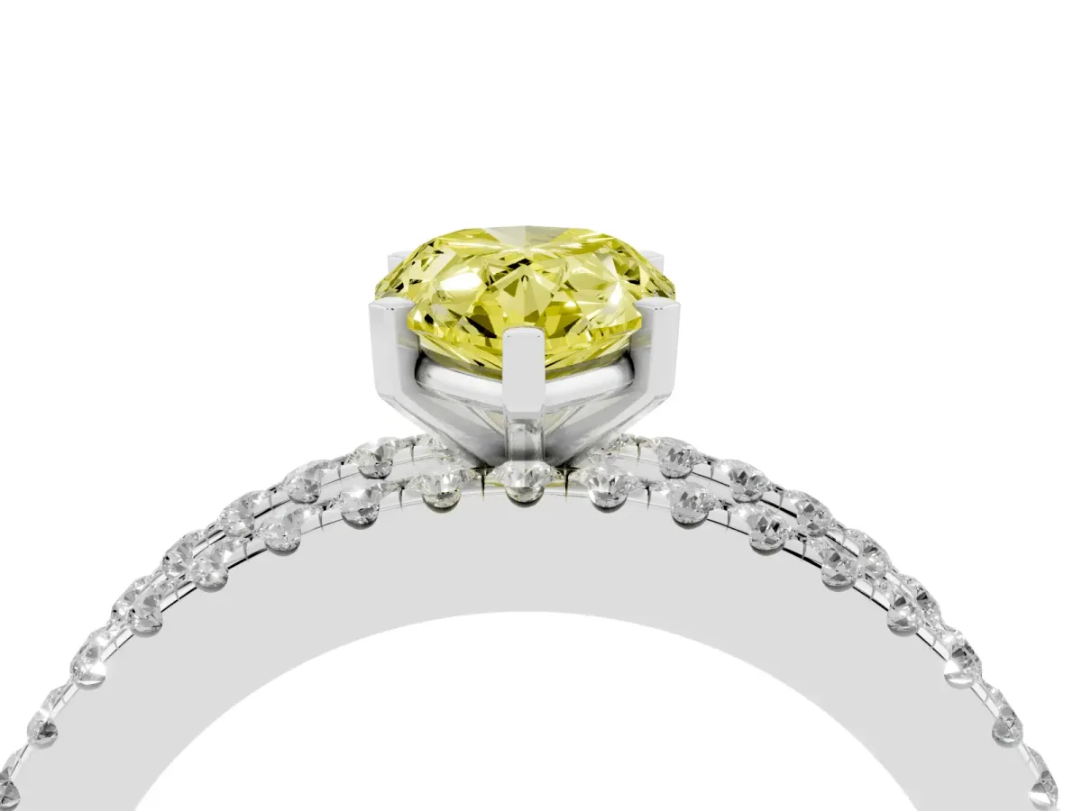 Fancy Yellow Pear Cut Diamond Solitaire Ring with Pavé and Channel Set Band Silver