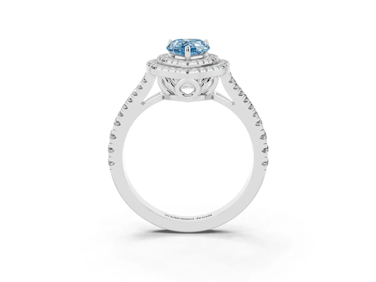 Fancy Blue Pear Cut Diamond Double Halo Ring with Pavé Band and Prong Setting Silver
