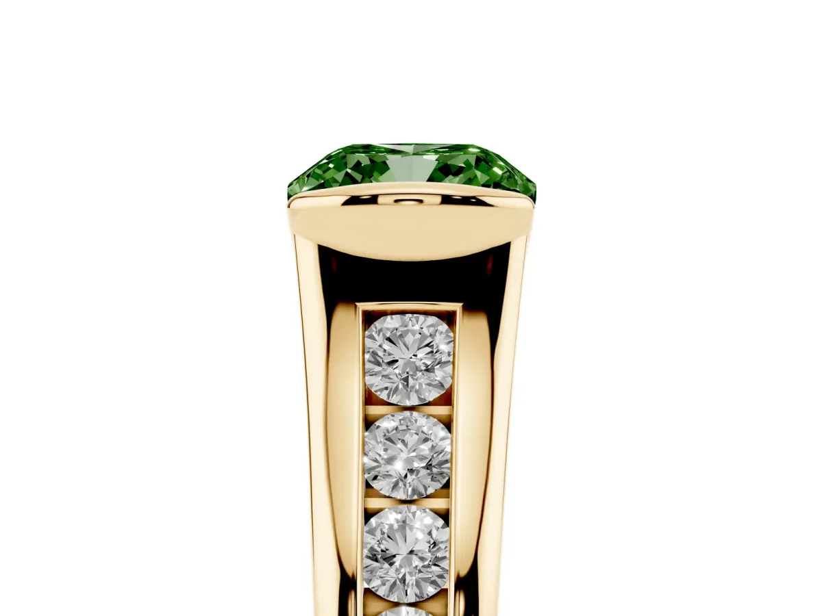 Fancy Green Cushion Cut Solitaire Bezel-Set Diamond Ring with Channel-Set Band Yellow gold