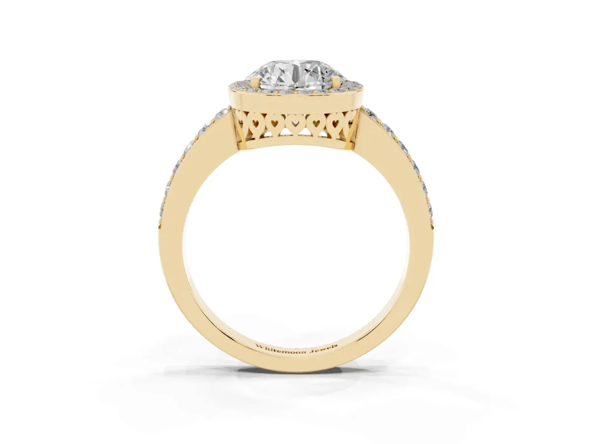 Round Cut Halo Diamond Pavé Band Ring with Prong Setting Yellow gold