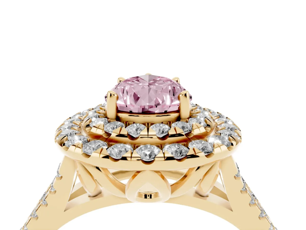 Fancy Pink Double Halo Pear Cut Diamond Pavé Split Shank Ring with Prong Setting Yellow gold