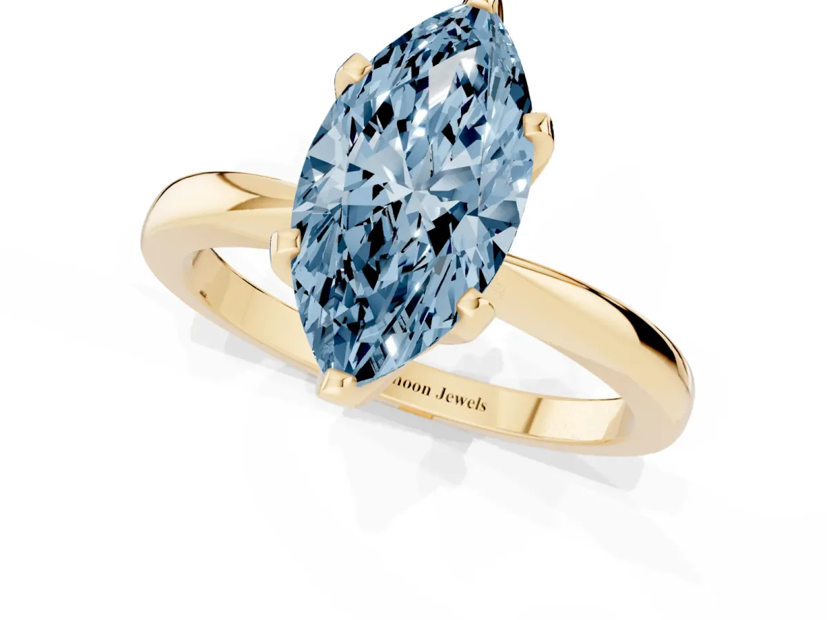 Fancy Blue Marquise Cut Solitaire Engagement Ring with Six-Prong Setting and Tapered Band Yellow gold