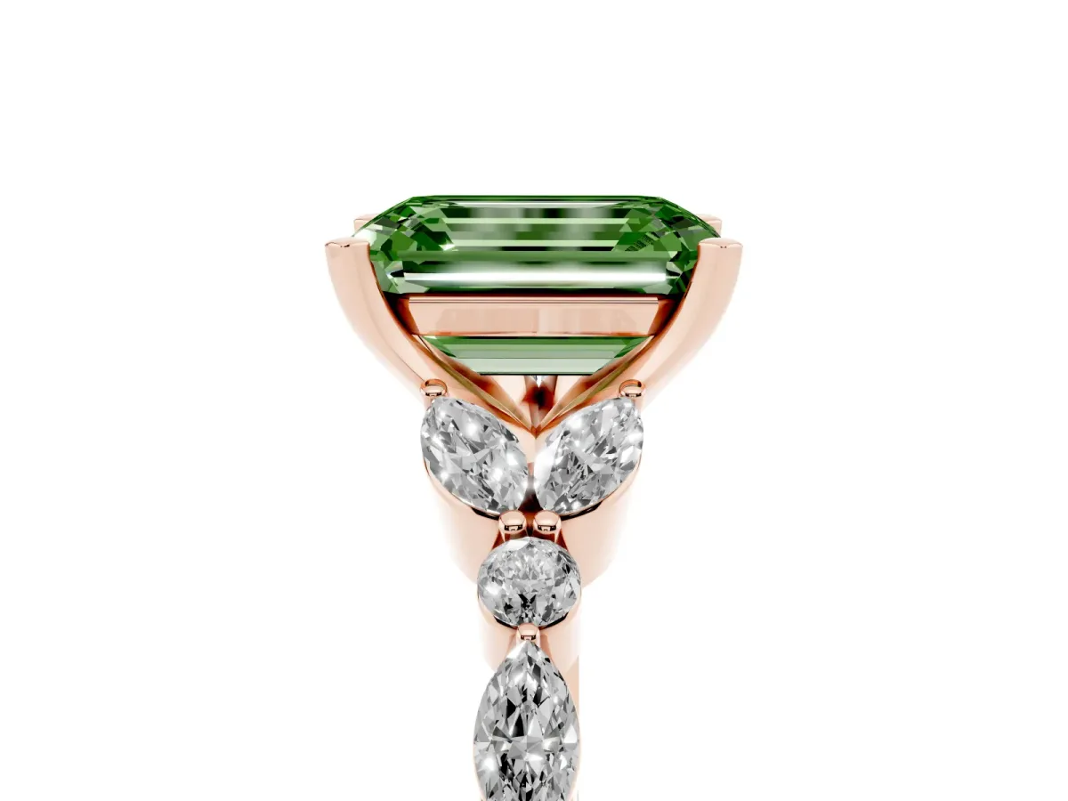 Fancy Green Emerald Cut Diamond Solitaire Ring with Side Stones and Four-Prong Setting Rose gold