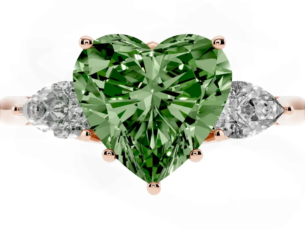 Fancy Green Three-Stone Heart Cut Diamond Ring with Pear Side Stones in Four-Prong Setting Rose gold