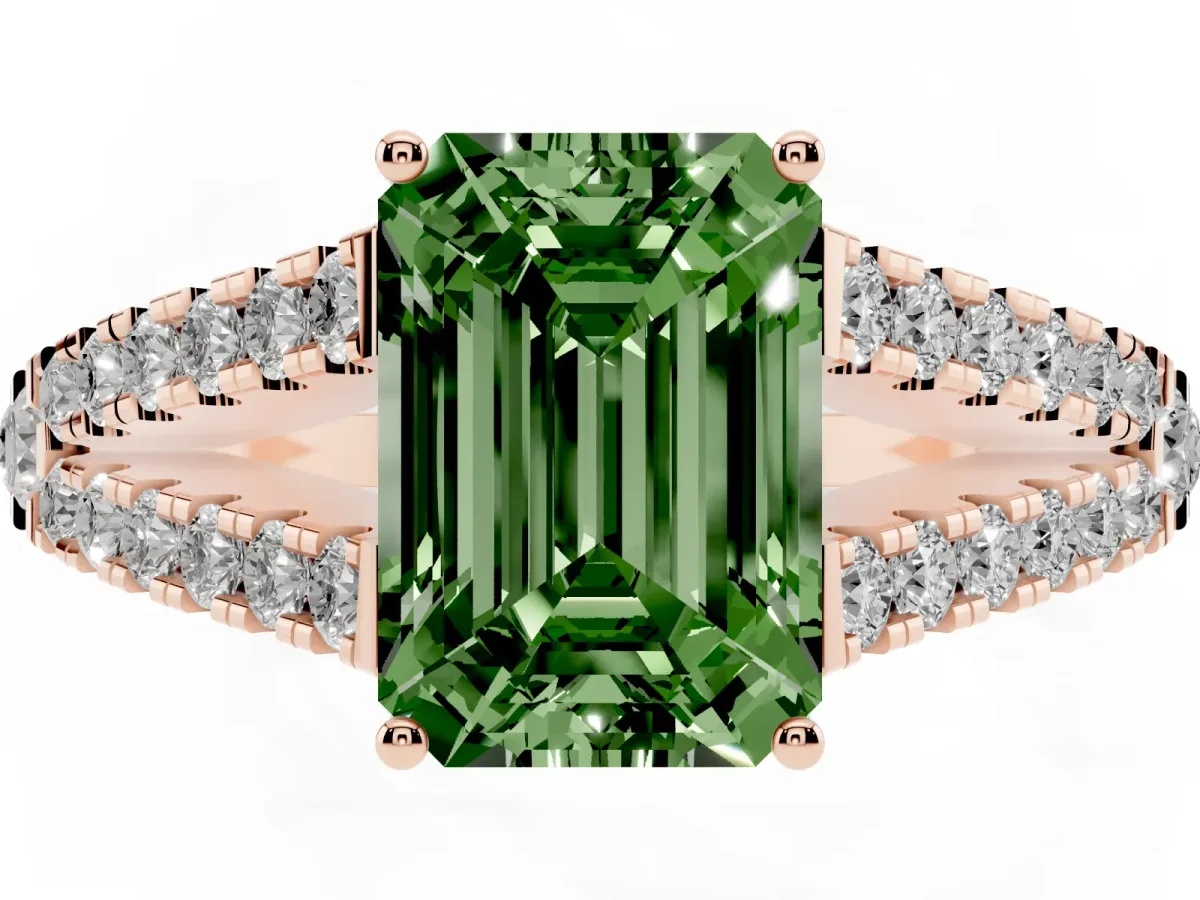Fancy Green Emerald Cut Diamond Split Shank Engagement Ring with Round Pavé and Prong Setting Rose gold