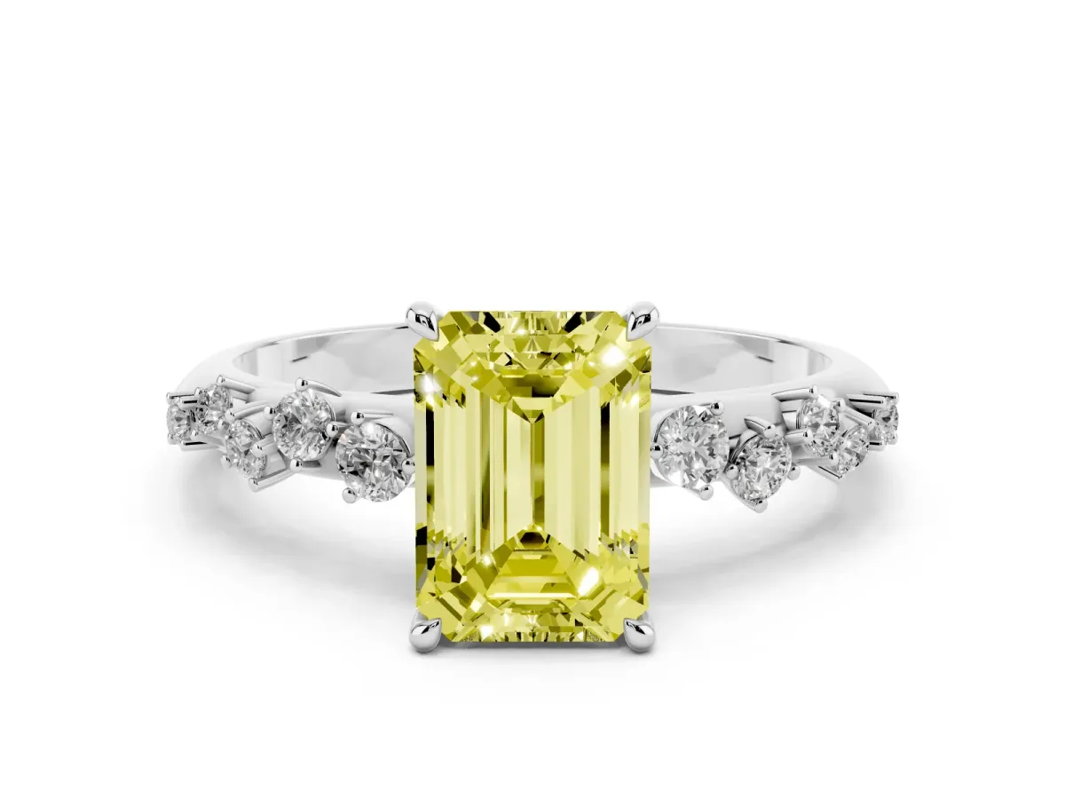 Fancy Yellow Emerald Cut Diamond Cluster Side Stone Solitaire Ring with Prong Setting Silver