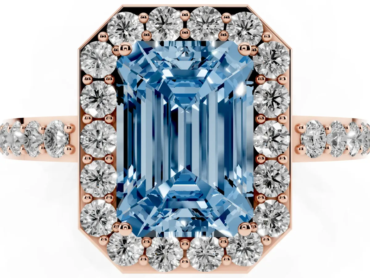 Fancy Blue Emerald Cut Halo Diamond Pavé Band Ring with Prong Setting Rose gold