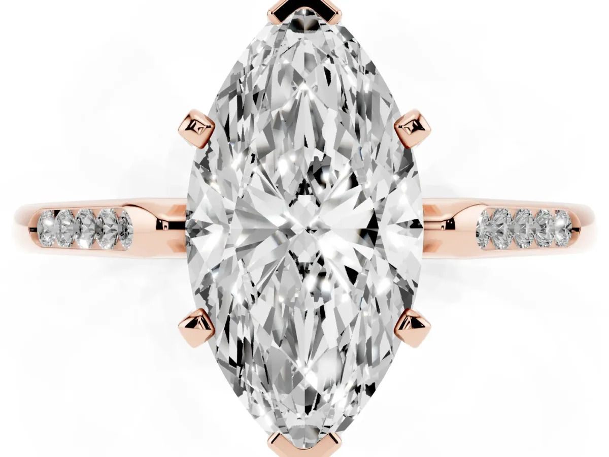 Marquise Cut Diamond Solitaire Ring with Channel Set Round Band and Prong Setting Rose gold