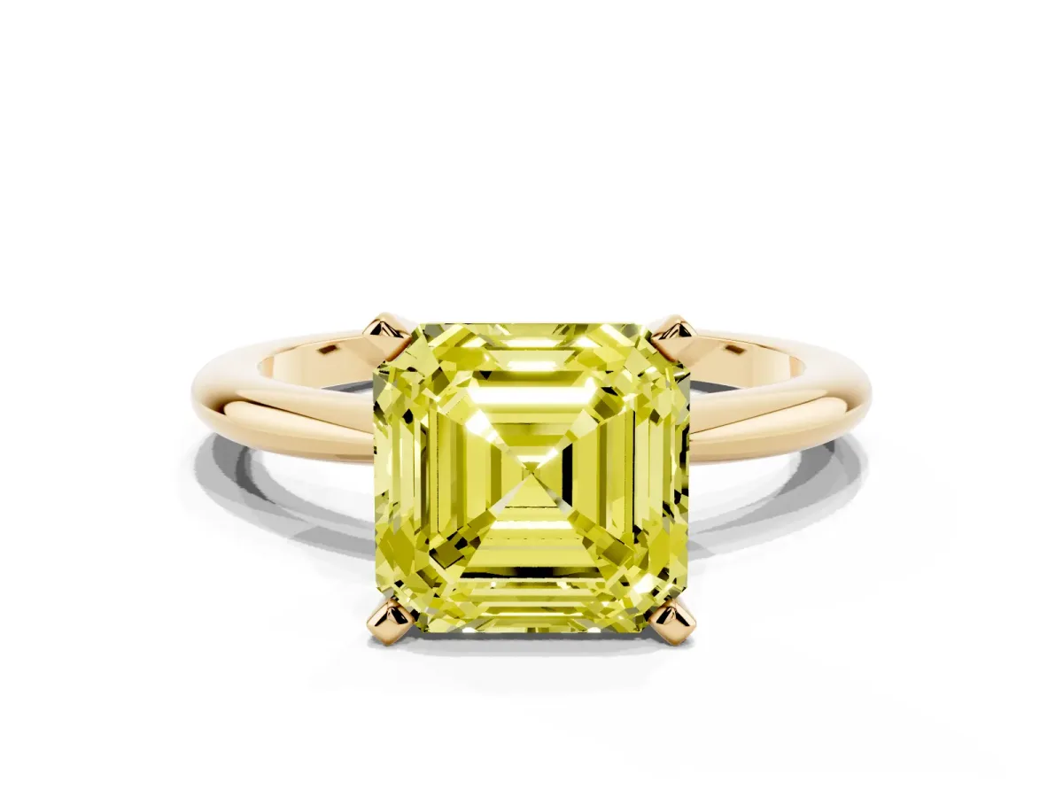 Fancy Yellow Asscher Cut Diamond Solitaire Ring with Prong Setting and Classic Band Yellow gold