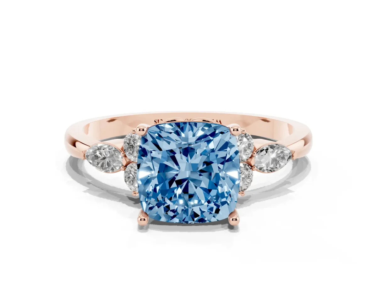 Fancy Blue Cushion Cut Brilliant Diamond Solitaire Ring with Pear Side Stones and Four-Prong Setting Rose gold
