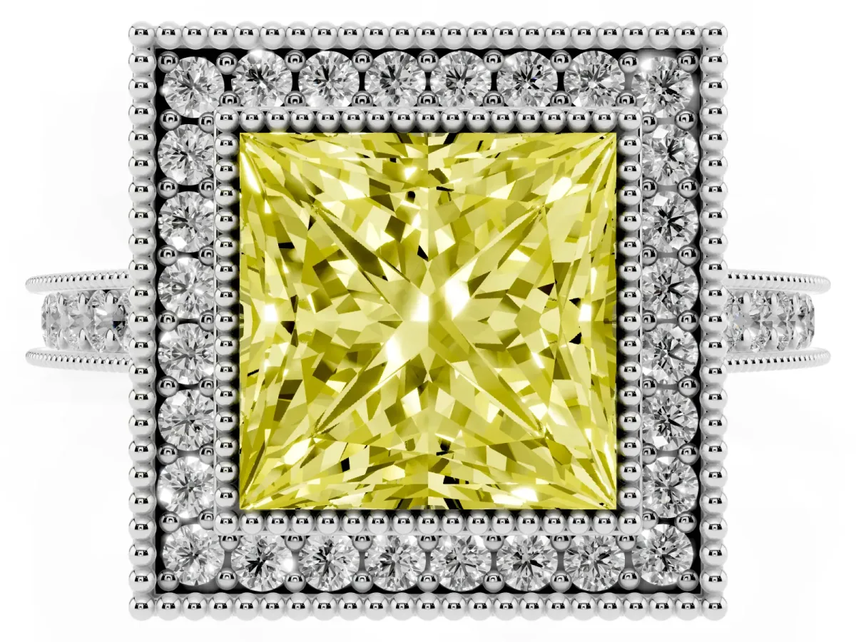 Fancy Yellow Halo Princess Cut-Cut Diamond Pave Band Milgrain Prong Setting Ring White gold