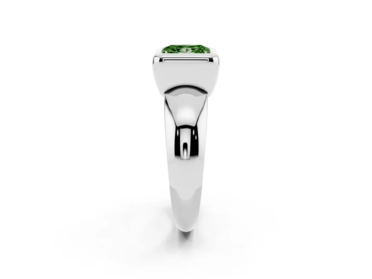 Fancy Green Bezel Set Princess Cut Solitaire Ring with Wide Band Platinum