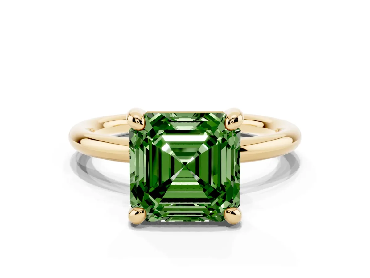 Fancy Green Asscher Cut Solitaire Diamond Ring with Four-Prong Setting on a Plain Band Yellow gold