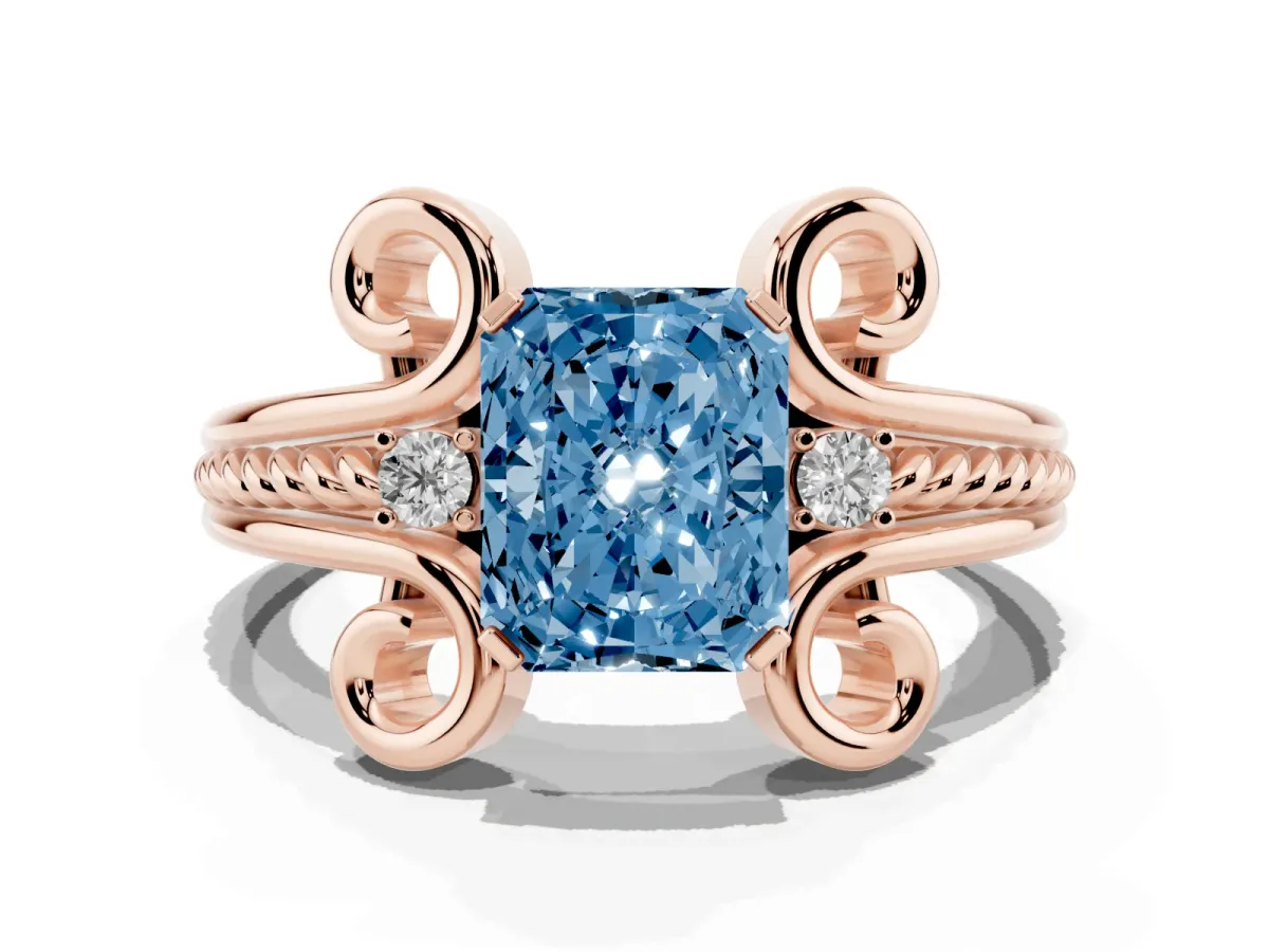 Fancy Blue Radiant Cut Solitaire Twisted Band Scroll Prong Ring Rose gold