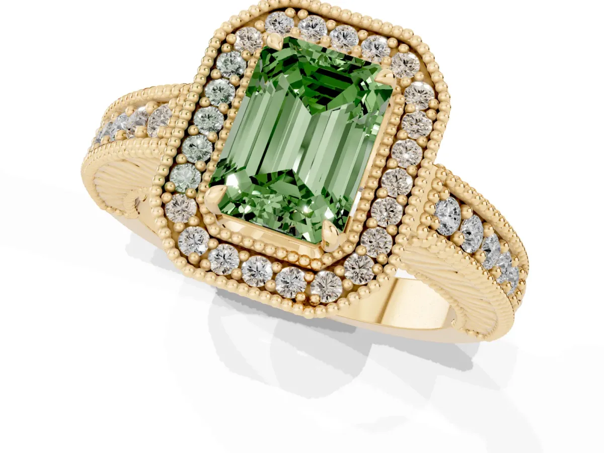 Fancy Green Emerald Cut Cut Halo Diamond Ring with Pavé Band and Four-Prong Setting Yellow gold