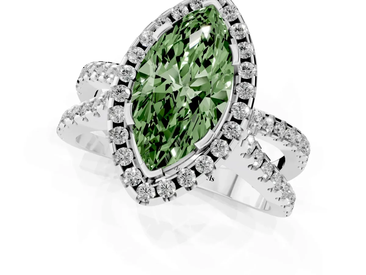 Fancy Green Marquise Cut Diamond Halo Ring with Split Shank Pavé Band and Prong Setting Silver