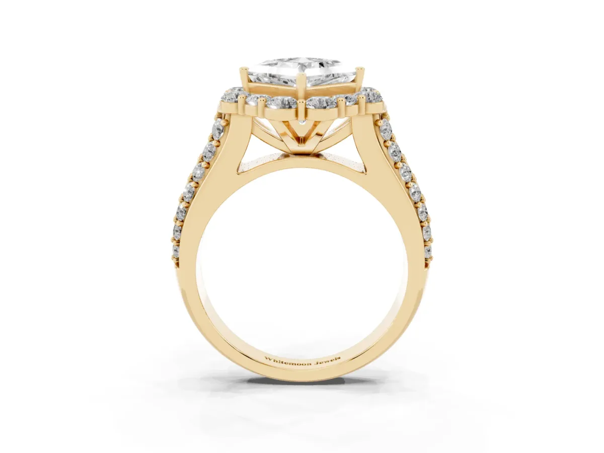 Princess Cut Halo Diamond Engagement Ring with Split Shank and Prong Setting Yellow gold