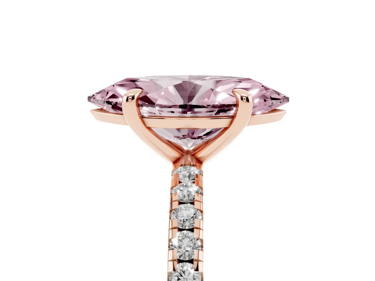 Fancy Pink Marquise Cut Diamond Brilliant Solitaire Ring with Pavé Band and Four-Prong Setting Rose gold