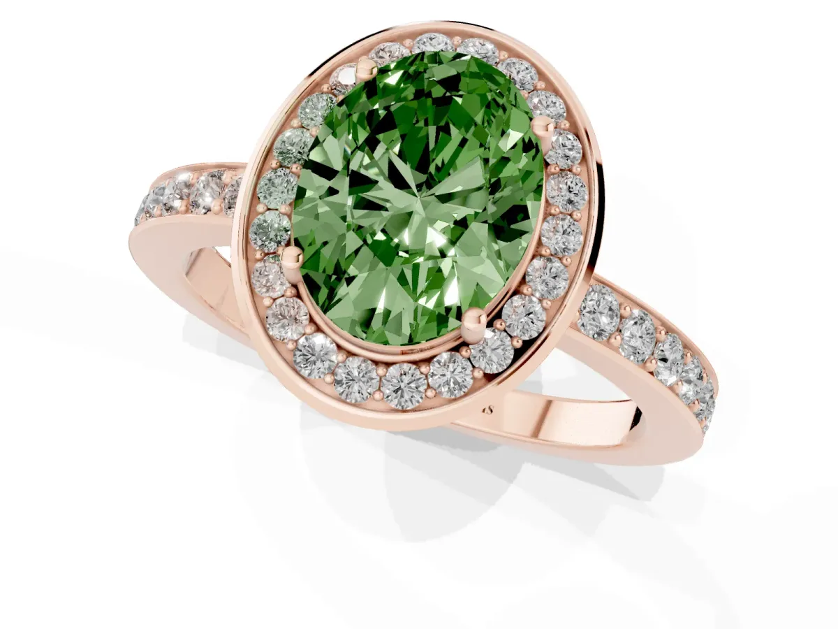 Fancy Green Oval Cut Diamond Halo Ring with Bezel Frame and Pavé Band Rose gold