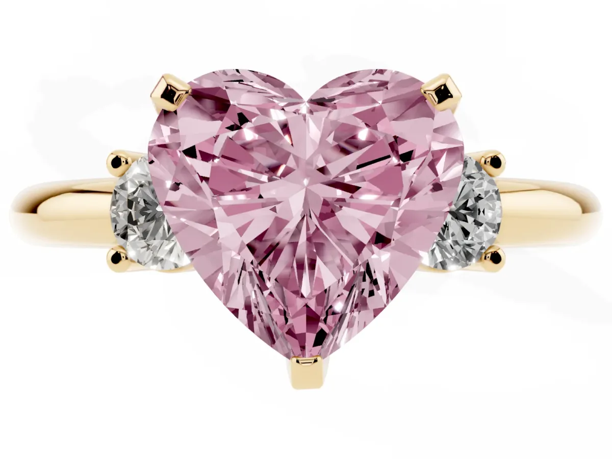 Fancy Pink Three-Stone Heart Cut Cut Diamond Solitaire with Prong Setting and Classic Band Yellow gold