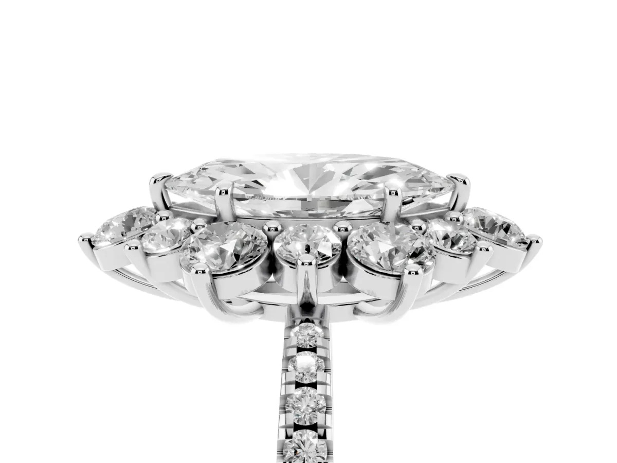 Marquise Cut Diamond Floral Halo Ring with Round Pavé Band and Prong Setting Silver