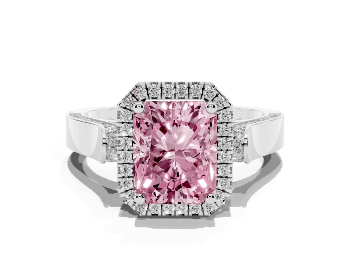 Fancy Pink Radiant Cut Halo Pave Split Shank Prong Setting Ring Silver