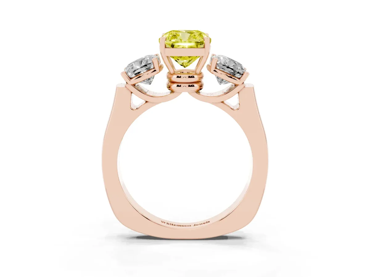 Fancy Yellow Three-Stone Cushion Cut Brilliant Diamond Trellis Ring with Comfort Fit Band Rose gold