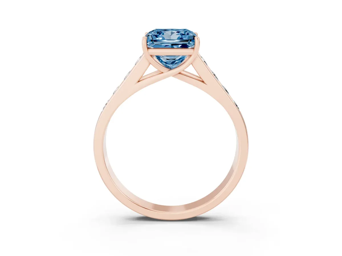 Fancy Blue Princess Cut Solitaire Channel-Set Diamond Engagement Ring with Four-Prong Setting Rose gold