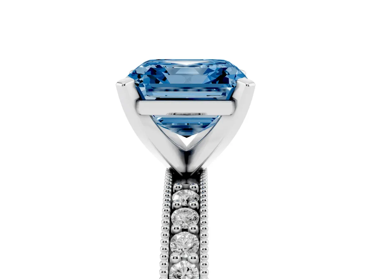 Fancy Blue Asscher Cut Diamond Milgrain Pavé Engagement Ring with Four-Prong Setting Silver