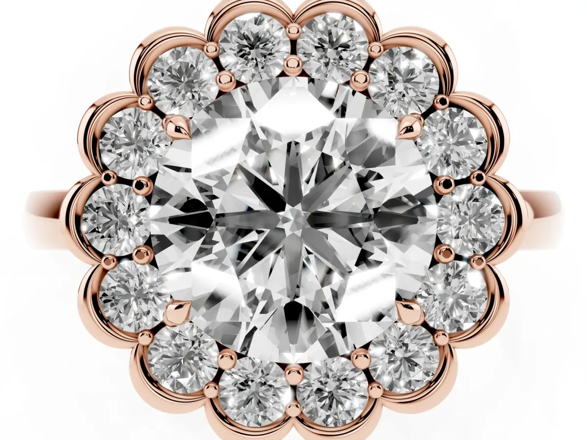 Round Cut Halo Cluster Diamond Engagement Ring with Solitaire Band and Prong Setting Rose gold