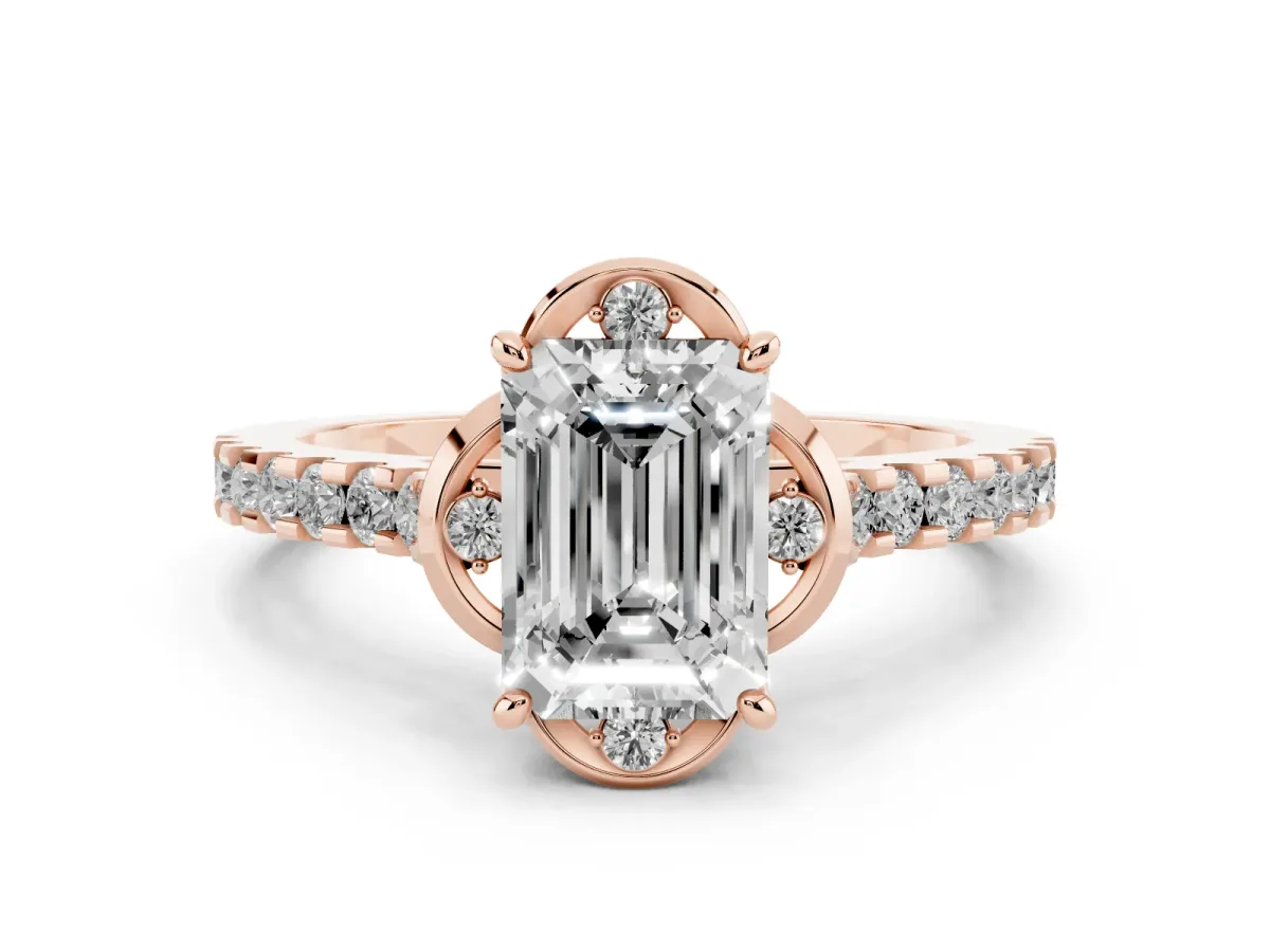 Emerald Cut Diamond Ring with Pavé Band and Floral Prong Setting Rose gold