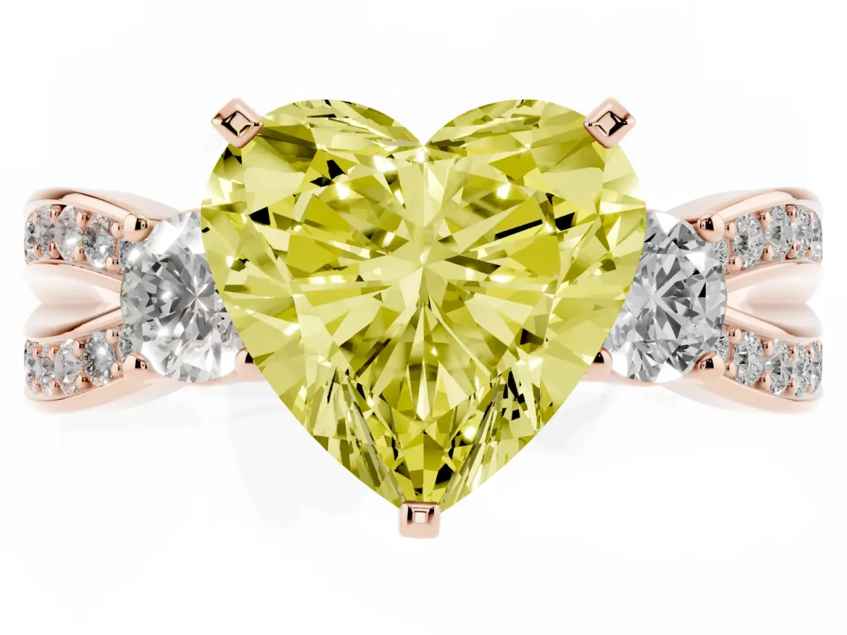 Fancy Yellow Three-Stone Heart Cut Cut Diamond Twist Band with Prong Setting Rose gold