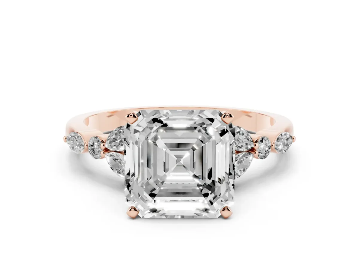 Asscher Cut Diamond Solitaire Ring with Side Stones and Four-Prong Setting Rose gold